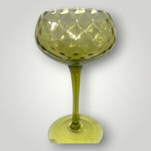 VTG Green Gold Long Stemmed Mid Century Optic Glass Tall Compote-Italian Empoli